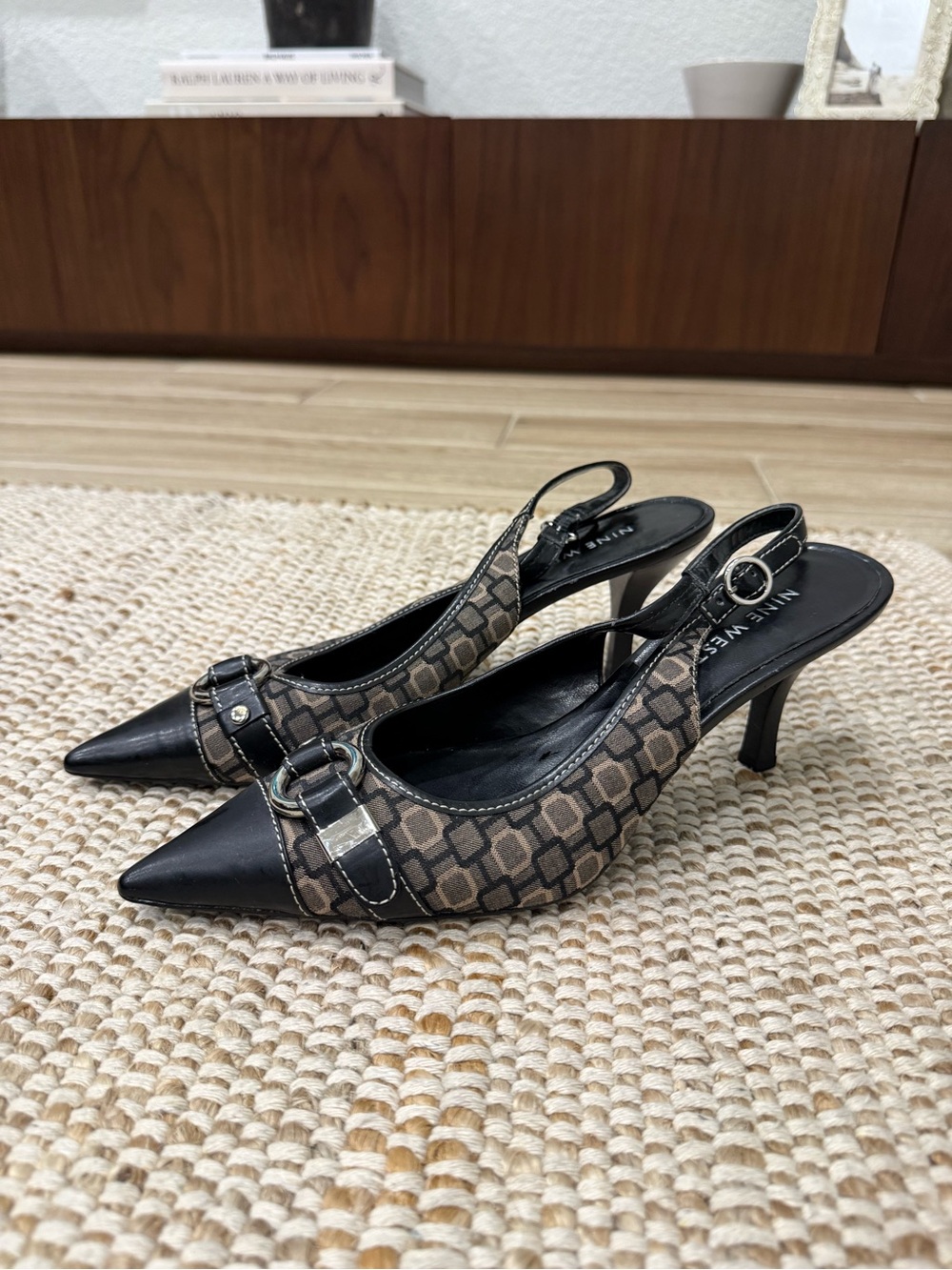 Nine West Black and Brown Geometric Slingback Heels